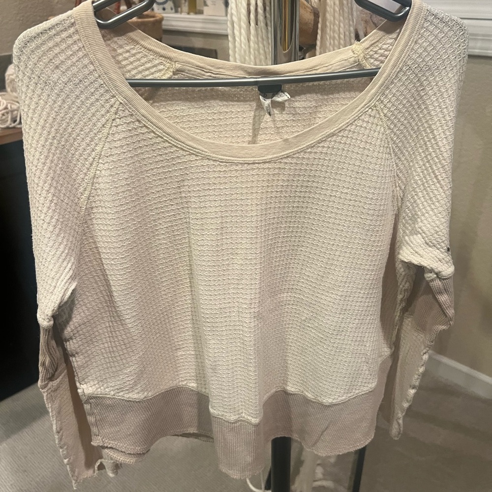 We The Free Beige Waffle Knit Long Sleeve Top